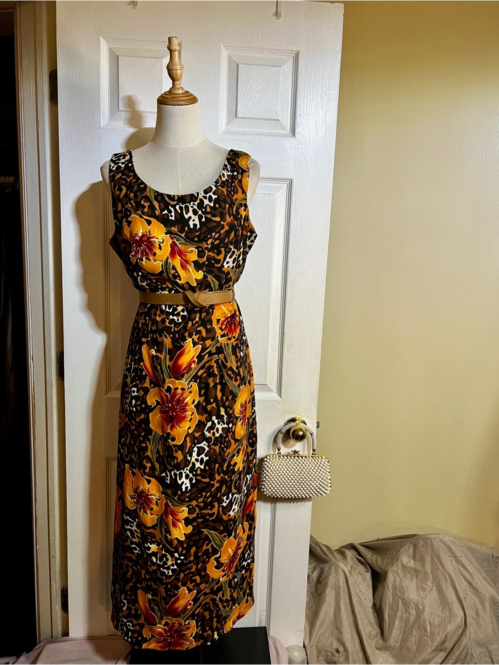 Olivia Rose Vtg Wms Leopard Floral Print Sleeveless Tank Boho Midi Dress 14